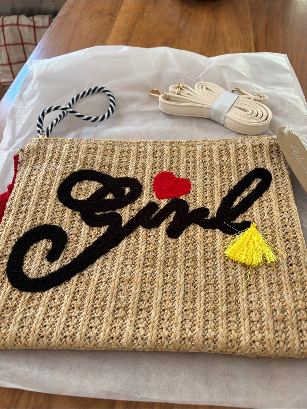 Pink Haley Natural Straw 'Girl' Clutch with Black Script & Yellow Tassel